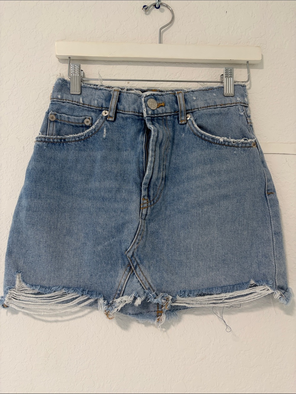 Zara Light Blue Distressed Denim Mini Skirt